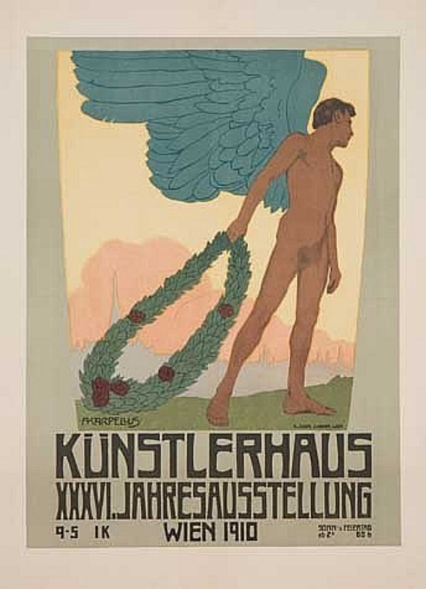 Deutsches Propagandaplakat aus dem Jahr 1910 mit einem geflügelten Mann in heroischer Pose, der einen Kranz trägt, und der Text "Künstlerhaus Wien 1910" oben.