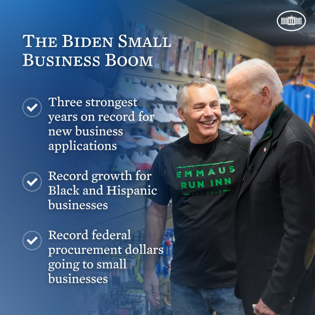 Zwei Männer, die lächeln und einer hält ein Objekt, mit dem Text "The Biden Small Business Boom" links; Kleidung und Schuhe im Hintergrund.
