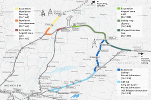 Ein detaillierter Stadtplan, der die Bahnroute von München nach Frankfurt mit markierten Haltestellen und der umliegenden Gegend hervorhebt, einschließlich Bahnspezifikationen und Sehenswürdigkeiten.