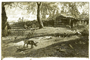 Eine Schwarz-Weiß-Zeichnung einer Bauernhofszene mit einem Schwein im Vordergrund, umgeben von Bäumen, einem Haus und einer Person, mit Text unten.