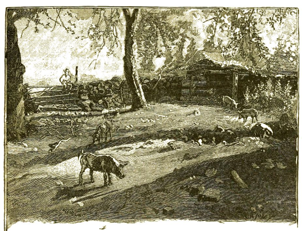 Eine Schwarz-Weiß-Zeichnung einer Bauernhofszene mit einem Schwein im Vordergrund, umgeben von Bäumen, einem Haus und einer Person, mit Text unten.