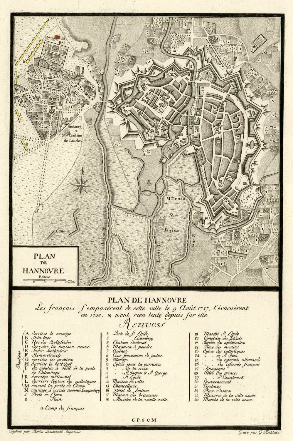 Detailiertes altes Stadtplan von Hannover, Deutschland, zeigt Straßen, Gebäude und Sehenswürdigkeiten mit begleitendem Text über die Bevölkerung und Merkmale der Stadt.