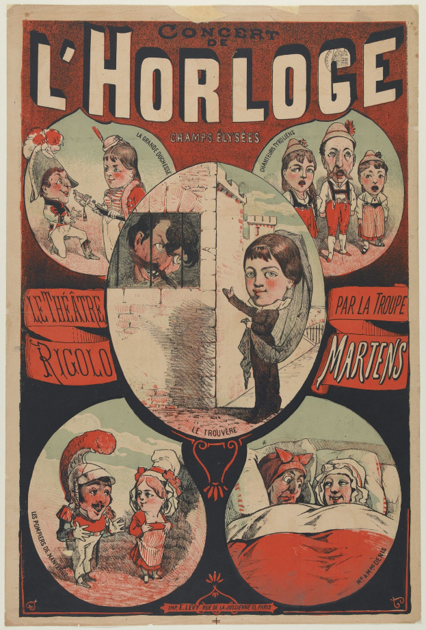 Plakatankündigung für ein Konzert im Chorloge Theater in Paris mit einer Gruppe von Menschen in farbenfrohen Kostümen in einer lebendigen Atmosphäre, umgeben von Text.