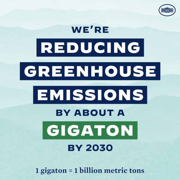 Plakat mit Text und Logo, das 'Wir reduzieren die Treibhausemissionen um etwa eine Gigatonne bis 2030' besagt, plädiert für die Reduzierung der Treibhausgase bis 2030.