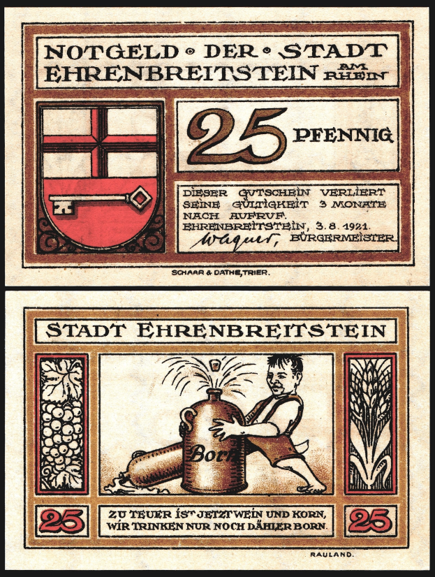 Alte deutsche Banknote mit einem Mann in einem weißen Hemd und blauer Mütze, der eine Bierflasche hält, mit Text einschließlich des Wortes "Beer" und einem gekrönten Schild-Logo.