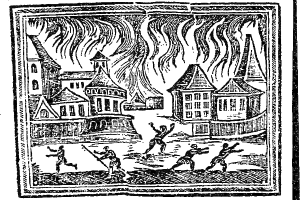 Schwarz-weiß-Zeichnung einer Stadt mit Menschen im Vordergrund und Gebüuden im Hintergrund, mit dem Text 'Feuer in der Stadt' unten.