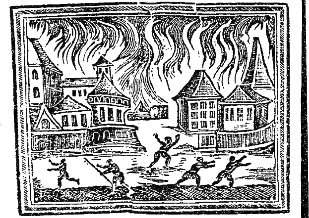 Schwarz-weiß-Zeichnung einer Stadt mit Menschen im Vordergrund und Gebüuden im Hintergrund, mit dem Text 'Feuer in der Stadt' unten.