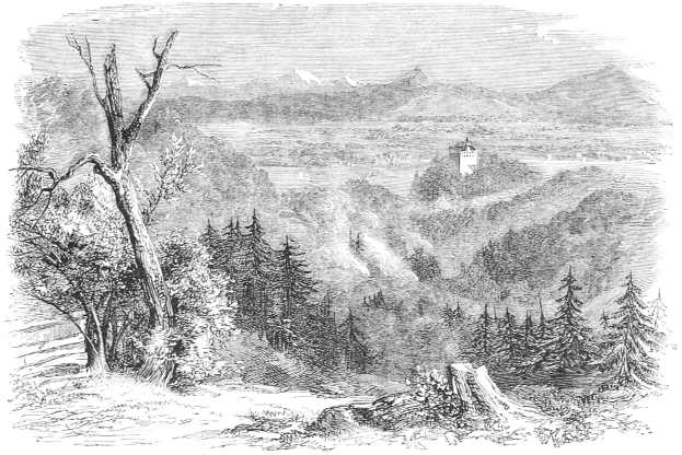 Eine Schwarz-Weiß-Radierung einer Gebirgslandschaft mit einem Schloss in der Ferne, umgeben von Bäumen, Hügeln und einem Himmel, mit dem Text "Das Schloss in den Bergen Deutschlands" unten.