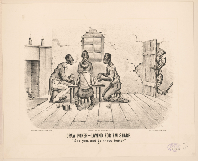 Gruppe von Menschen, die um einen Tisch Poker spielen, mit einer Wand, einem Fenster, einer Tür und verschiedenen Gegenständen im Hintergrund und Text unten, der "Draw Poker - Laying for 'em Sharp" lautet.