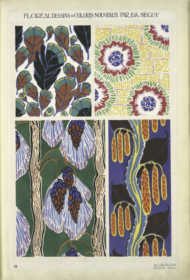 Ein Buchumschlag mit der Aufschrift "Floral Dessins and Colors Nouveaux Par Ea Seguy" von Alphonse Mucha, der ein lebhaftes Blumenbild mit Blauen, Grünen, Gelben und Rosa-Tönen zeigt, das von einem weißen Rand umgeben ist, mit Kursivschrift.