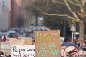 Eine Person hält ein Schild mit der Aufschrift "Ich weiß, es ist nicht Freitag, aber werde vegan" vor einer Menge mit Schildern, Bäumen und Gebäuden im Hintergrund, das Bild ist leicht unscharf.