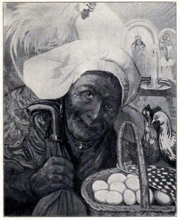 Alte Frau mit einem Korb voller Eier umgeben von Hennen, mit Text unten.