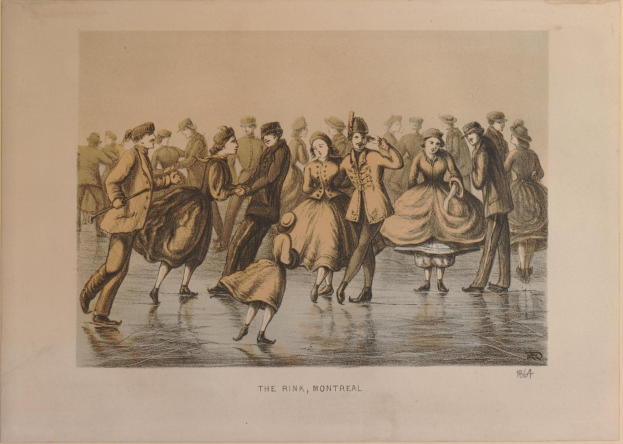 Schwarz-weißes Foto von Menschen, die auf einer Outdoor-Eisbahn in Montreal, Kanada, umgeben von Bäumen mit dem Himmel im Hintergrund, Schlittschuh laufen, mit der Beschriftung "The Rink, Montreal" unten.