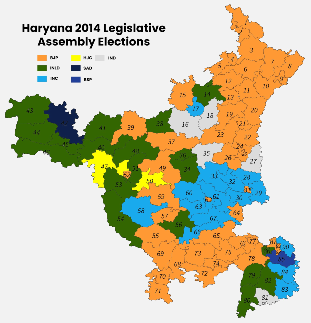 Farbiges Kartenbild von Haryana, das die Ergebnisse der Wahlen zur Legislativversammlung von 2014 zeigt.