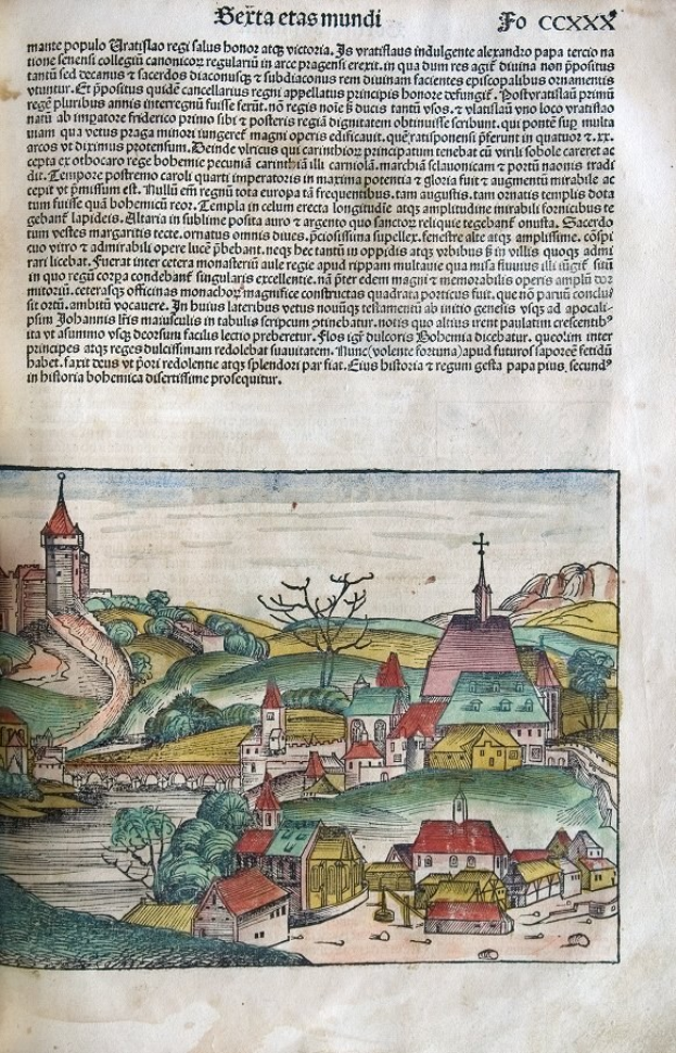 Offenes Buch mit einer detaillierten Illustration einer Kleinstadt mit Häusern, Bäumen, Hügeln und einem Gewässer sowie sichtbarem Text.