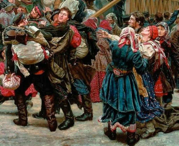 Gemälde von Menschen, die in traditioneller russischer Kleidung tanzen, während einer festlichen Szene, einige halten Gegenstände, vor einem Publikum und einem hölzernen Haus, das eine Szene aus der russischen Revolution darstellt.