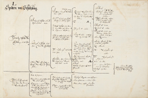 Ein altes Buch mit handgeschriebenem genealogischem Stammbaum, der die Familiengeschichte von Johann Wolfgang von Schleswig-Holstein dokumentiert.