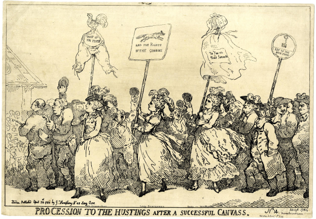 Eine Papierreproduktion, die eine Menge Menschen zeigt, die Schilder mit Text halten, einschließlich des Satzes "Prozession zum Wahllokal nach einem erfolgreichen Canvas."