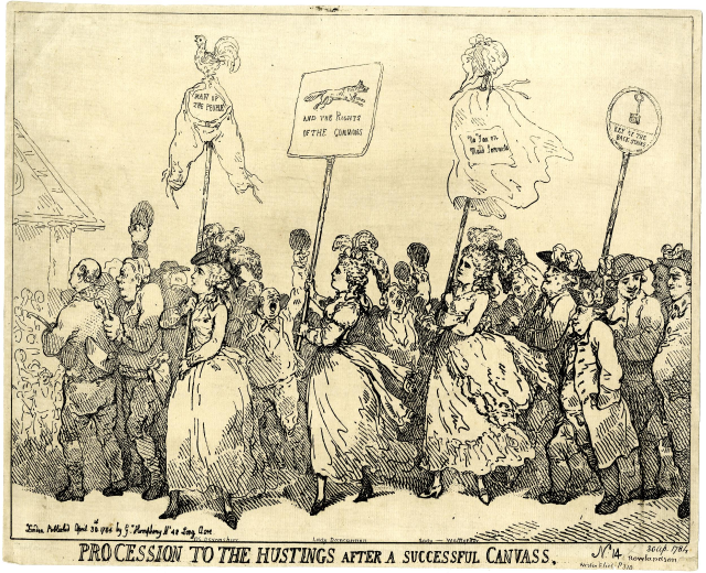 Eine Papierreproduktion, die eine Menge Menschen zeigt, die Schilder mit Text halten, einschließlich des Satzes "Prozession zum Wahllokal nach einem erfolgreichen Canvas."
