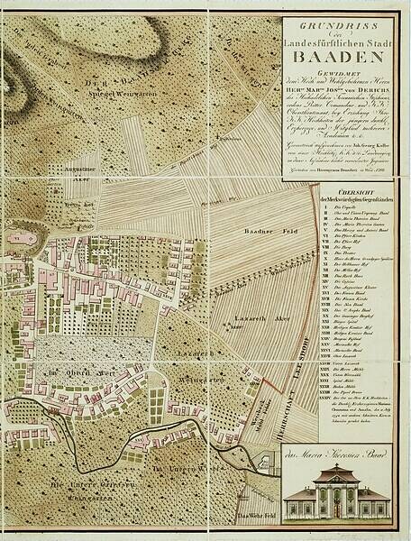 Detailiertes altes Stadtplan von Baden-Württemberg, Deutschland, mit einem Gebäude in der rechten unteren Ecke, das Straßen, Gebäude und Sehenswürdigkeiten zeigt.
