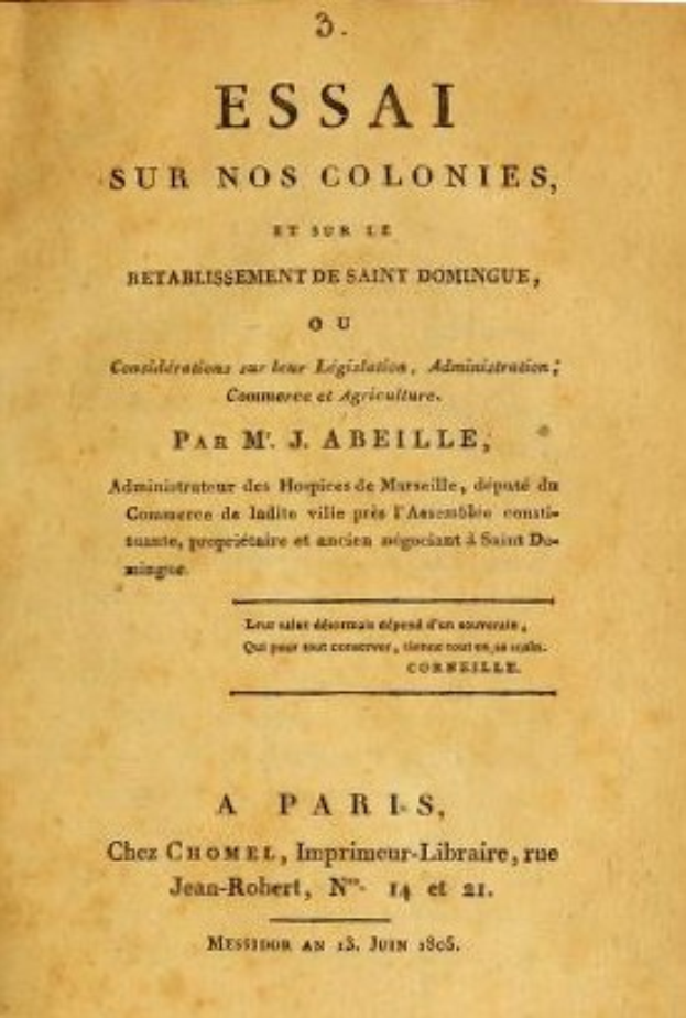 Deckblatt eines alten Buches mit dem Titel "Essai sur nos Colonies, et sur l'Établissement de Saint Dominique", das likely Essays zur französischen Kolonialgeschichte und regionalen Kultur enthält.