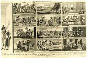 Ein Blatt Papier mit einer Collage aus Bildern und Texten, die politische Ereignisse und Figuren während der letzten Parlamentssitzung zeigen, mit detaillierten Illustrationen von Menschen, Booten und anderen Gegenständen.