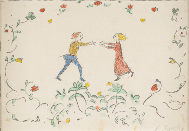 Zwei Menschen tanzen in einem farbenfrohen Feld voller blühender Blumen und saftig grüner Pflanzen, der Mann trägt ein blaues Hemd und Jeans, die Frau ein orangefarbenes Kleid.