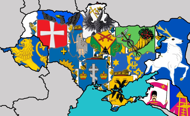 Ein detaillierter Europa-Karte mit den bunten EU-Flaggen darüber, mit Symbolen wie einem Löwen, einer Krone und einem Schild.