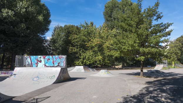 Eine Skate-Anlage mit Rampen, die mit Graffiti bedeckt sind, umgeben von Bäumen und Gebäuden unter einem bewölkten Himmel.