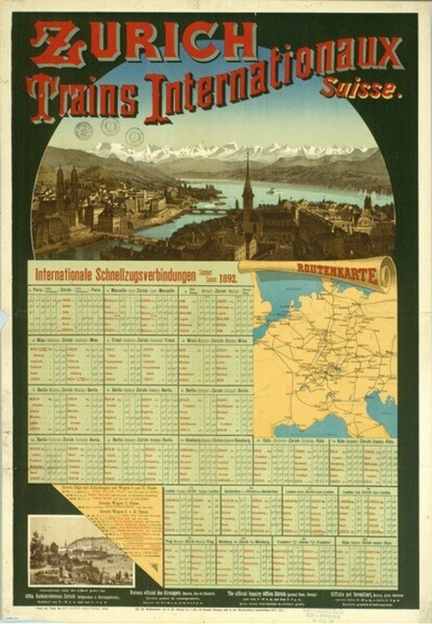 Plakatwerbung für die Zürcher S-Bahn Internationalaux mit einer Karte von Zürich, Gebäuden, Wasser, Bergen und Text.