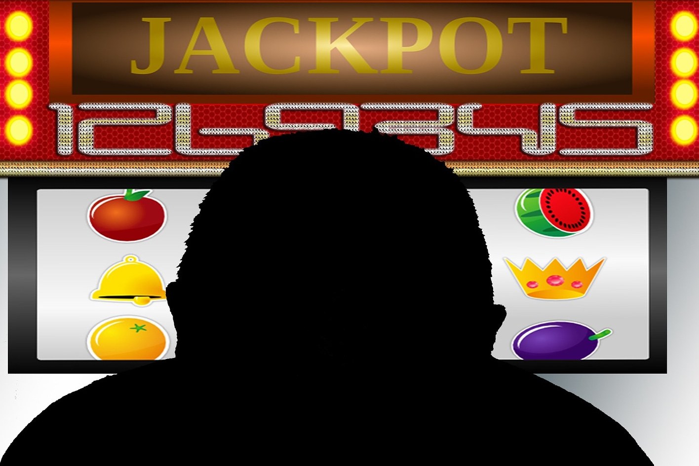 Ein Mann spielt an einem Spielautomaten mit der Anzeige "Jackpot", umgeben von einer Tafel mit Text und Obstbildern, die auf ein Online-Casinospiel hinweist.