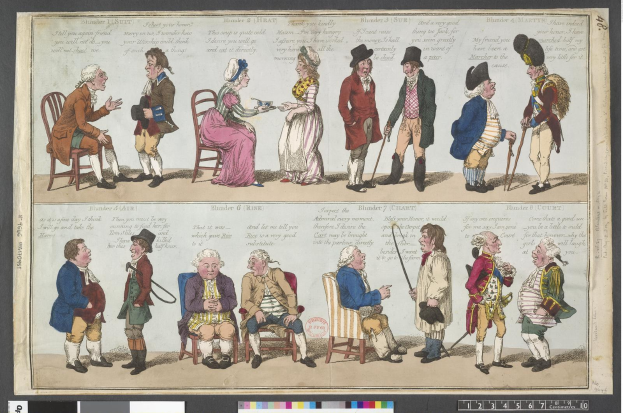 Cartoon-Illustration einer 18. Jahrhundert-Sozialveranstaltung mit Menschen in historischer Kleidung, einige sitzen und andere stehen, in ein Gespräch vertieft, wobei einer gestikuliert.