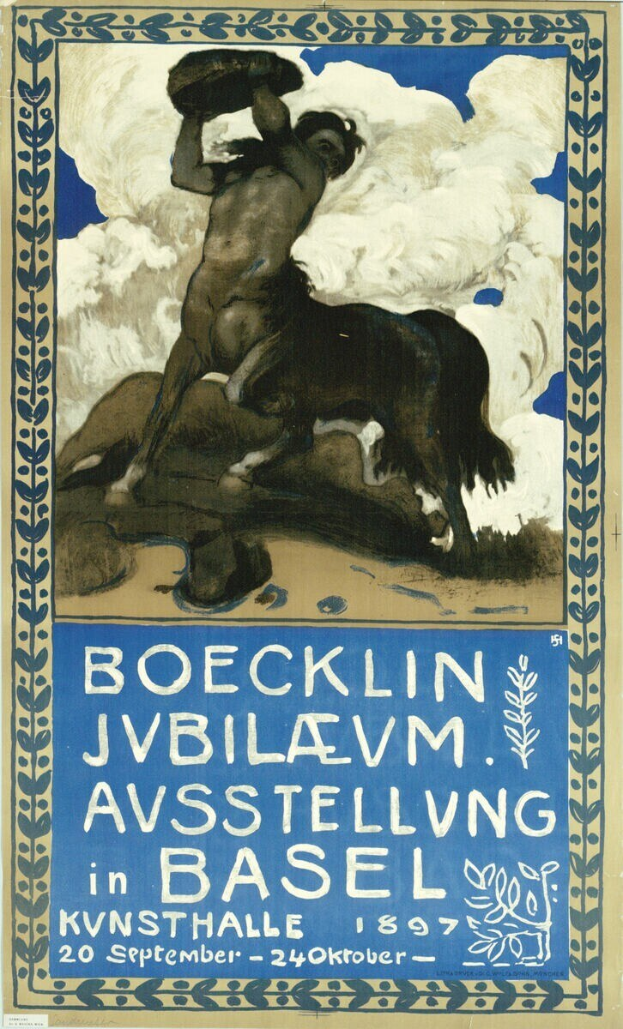 Plakat für ein Konzert in Basel, Schweiz, mit einer Illustration einer Person und eines Pferdes und den Veranstaltungseinzelheiten im Text.