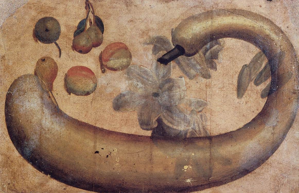 Gemälde einer Banane mit einer Blume darauf, umgeben von verschiedenen Früchten und Blättern auf Papier, mit leuchtenden Farben und deutlichen Details.