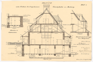 Ein detailliertes architektonisches Drawing eines historischen Hauses mit zahlreichen Fenstern und einem Dach, das als erstes Haus in Deutschland gilt, begleitet von Text und strukturellen Plänen auf altem Papier.