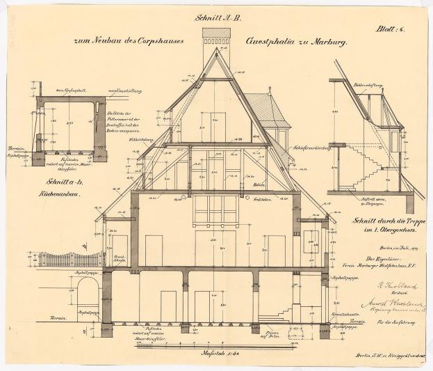 Ein detailliertes architektonisches Drawing eines historischen Hauses mit zahlreichen Fenstern und einem Dach, das als erstes Haus in Deutschland gilt, begleitet von Text und strukturellen Plänen auf altem Papier.