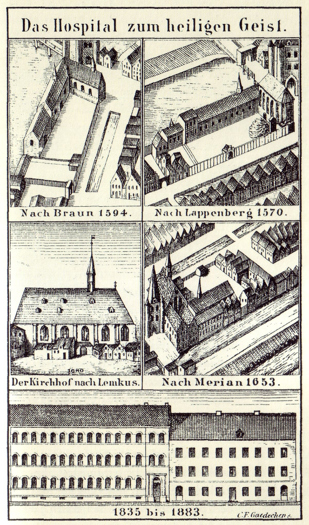Eine detaillierte Zeichnung eines deutschen Krankenhausgebäudes auf einem Plakat, das mehrere Strukturen mit sichtbaren Fenstern, Türen und Balkonen zeigt, begleitet von Text, der das Krankenhaus nach Größe, Lage und Ausstattung beschreibt.